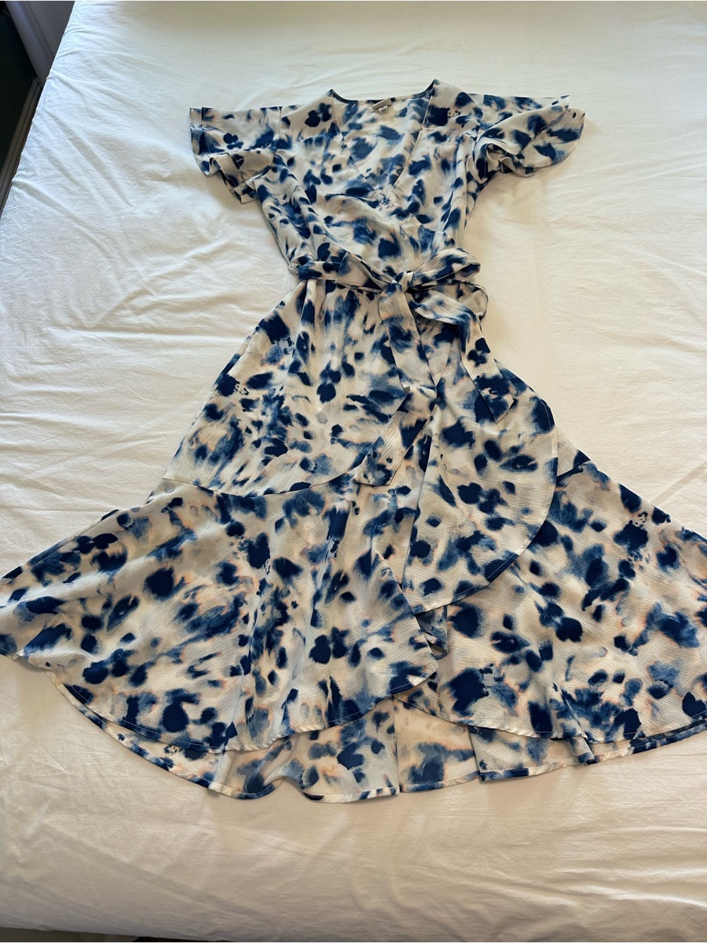 a new day Blue and Cream Tie-Waist Printed Wrap Dress